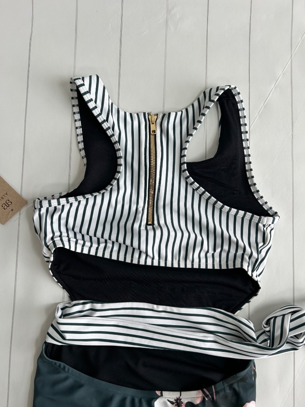 Albion size S Bon Voyage one piece swimsuit green stripe modest open back NEW - Picture 6 of 10